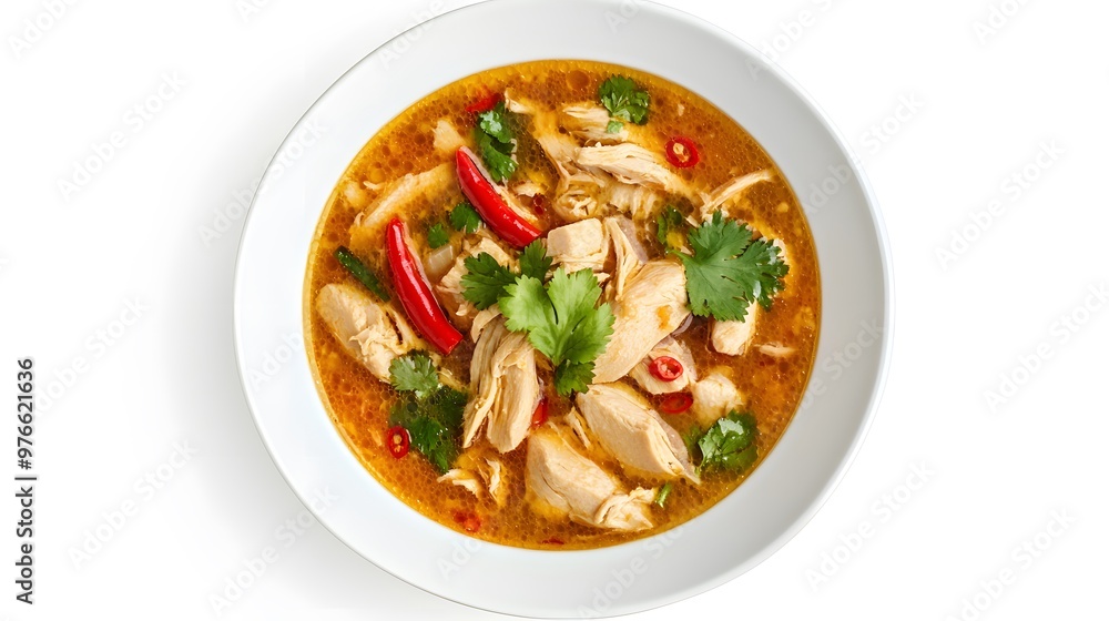 Spicy thai chicken soup with chili peppers and cilantro in white bowl Spicy thai chicken soup with chili peppers and cilantro in white bowl