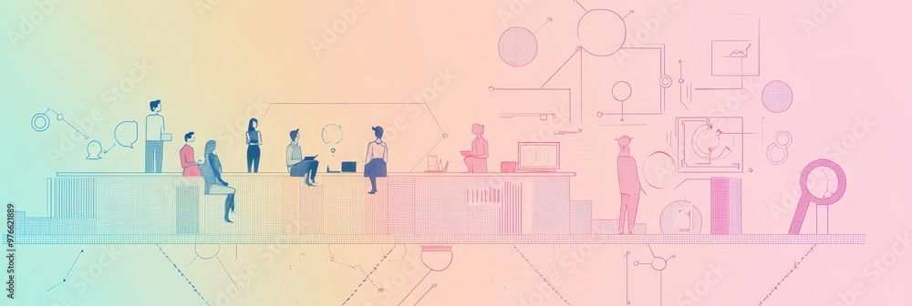 Fototapeta premium A group of business professionals collaborate, strategizing and discussing the integration of AI into their business. The image represents innovation, collaboration, and the future of technology.