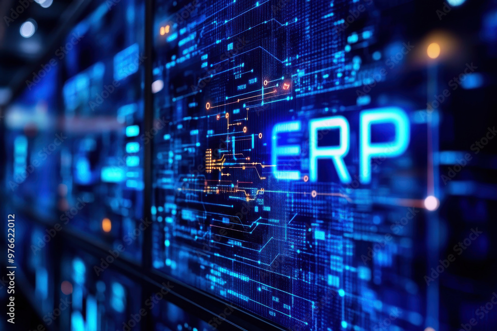 Enterprise resource planning (ERP) text on blue screen board background. Enterprise resource planning (ERP) text on blue screen board background.