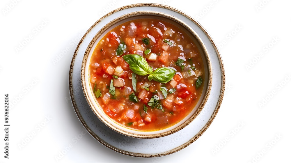 Fresh tomato gazpacho with basil in rustic bowl Fresh tomato gazpacho with basil in rustic bowl