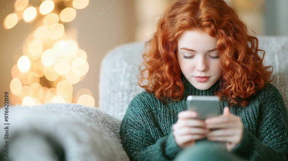 Young Woman Relaxing Indoors on Phone with Snowy Winter Backdrop Young Woman Relaxing Indoors on Phone with Snowy Winter Backdrop