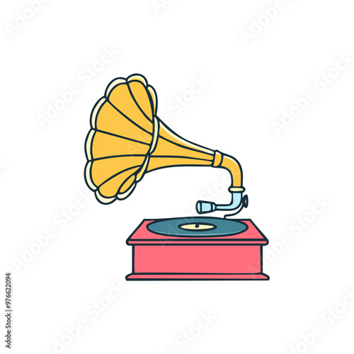 Gramophone playing a record, line art vector design