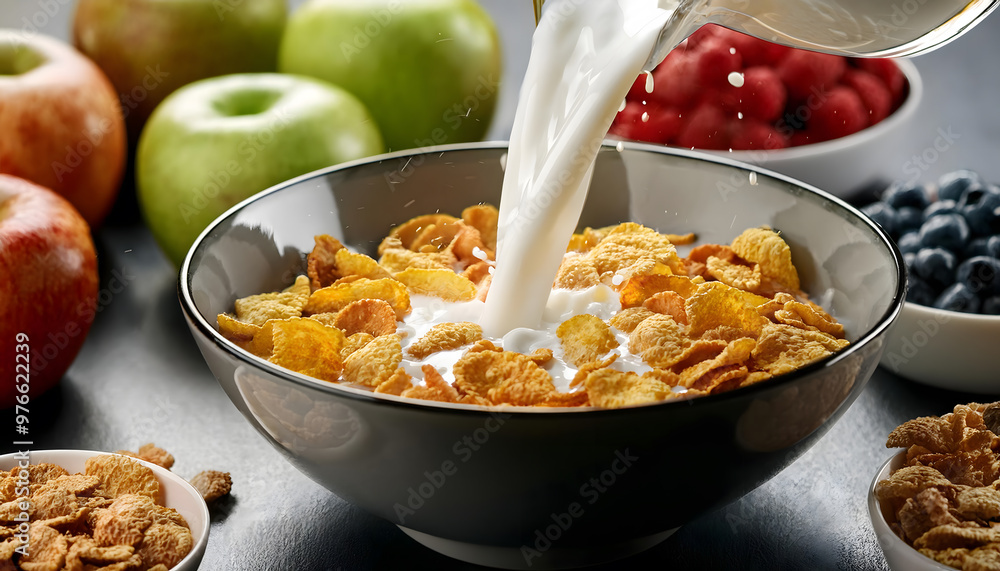 Freeze motion of Breakfast cereals dropping into bowl with pouring milk, closeup, healthy nutrition and dieting concept Freeze motion of Breakfast cereals dropping into bowl with pouring milk, closeup, healthy nutrition and dieting concept