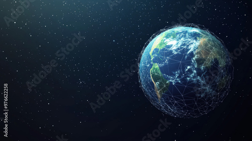 Earth in space depicted with low poly art. 3D polygonal sunrise over the planet, showcasing cosmos exploration. Connected dots and lines create a vector color wireframe mesh on a dark backdrop.