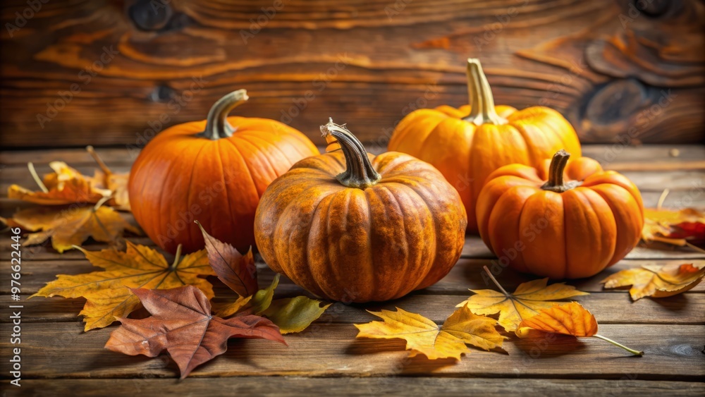 A wooden surface is adorned with rustic orange pumpkins, their rich colors enhanced by the scattering of dried A wooden surface is adorned with rustic orange pumpkins, their rich colors enhanced by the scattering of dried