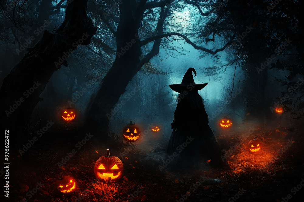Witch standing with back turned in spooky dark forest with torches, Halloween, dead barren trees Witch standing with back turned in spooky dark forest with torches, Halloween, dead barren trees