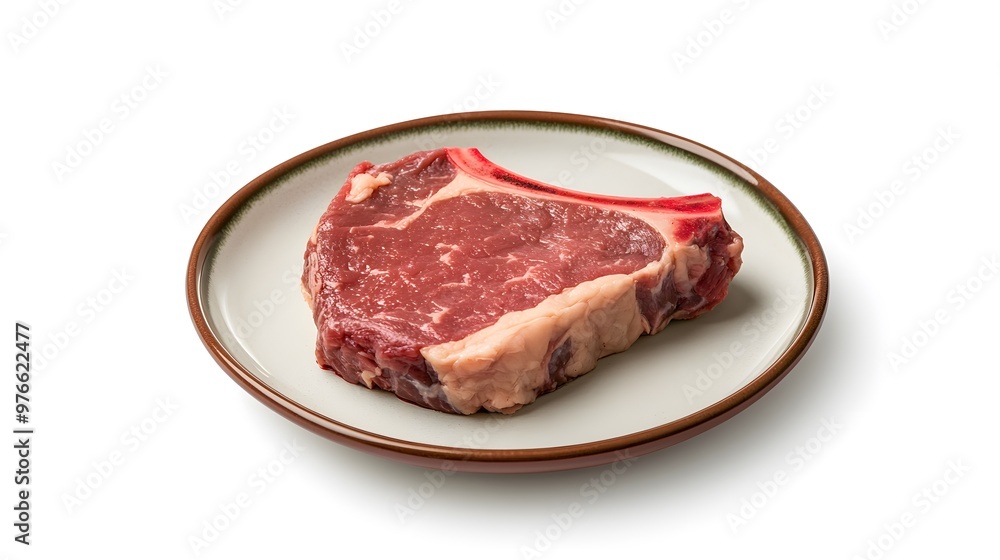 Raw beef ribeye steak on plate for culinary preparation and cooking concepts Raw beef ribeye steak on plate for culinary preparation and cooking concepts