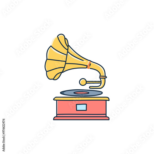 Gramophone playing a record, line art vector design