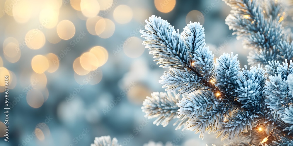 A festive frosting ice covered Pine garland wrapped with lights colors,light bokeh blurry background, copy space. A festive frosting ice covered Pine garland wrapped with lights colors,light bokeh blurry background, copy space.