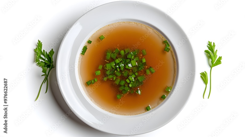 Comforting bowl of clear broth garnished with fresh scallions and parsley on white Comforting bowl of clear broth garnished with fresh scallions and parsley on white