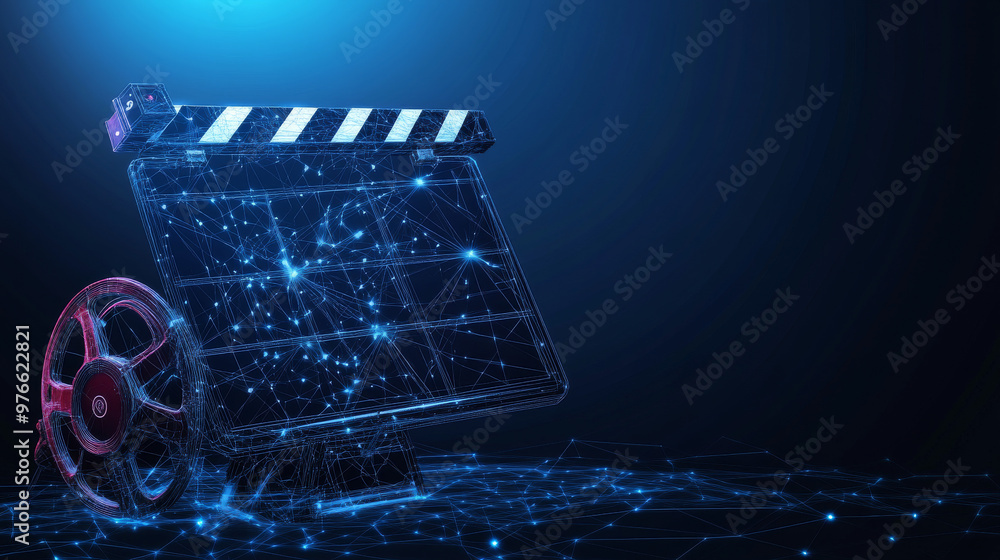Clapper Banner Film production low poly wireframe banner template. Features a 3D ...