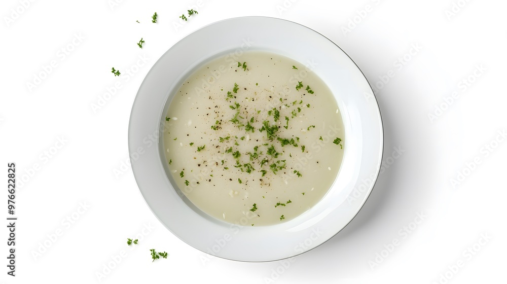 Creamy cauliflower soup in white bowl with fresh herb garnish on light background Creamy cauliflower soup in white bowl with fresh herb garnish on light background