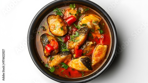 Savory fish stew with red peppers and fresh herbs in a black bowl