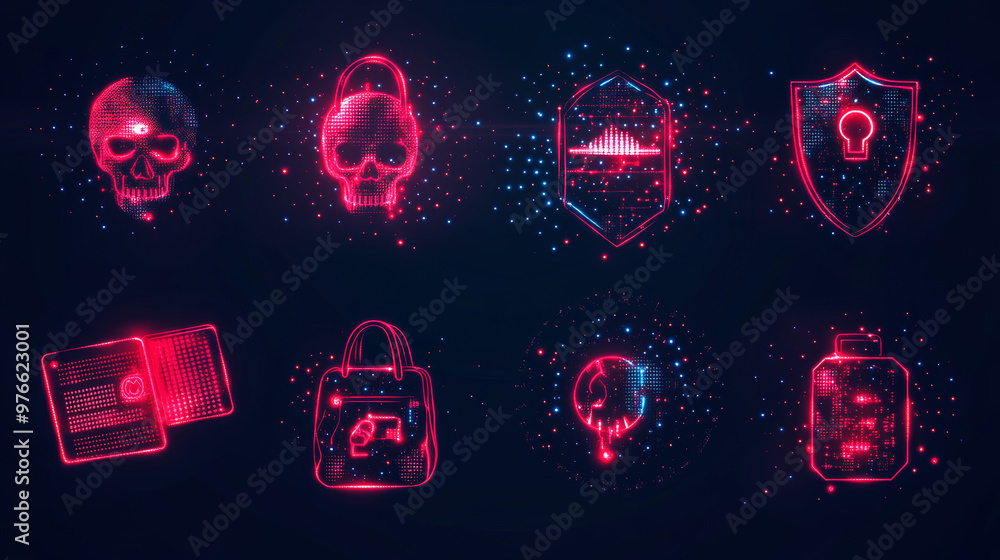 Abstract digital hacker icon collection in a futuristic glowing dot ...