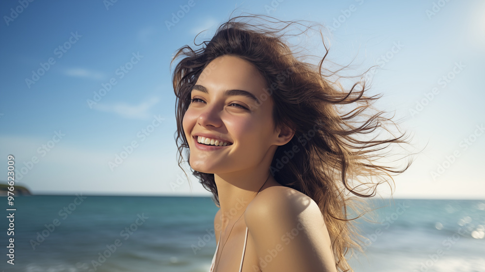 Young woman smiling brightly at the beach. Young woman smiling brightly at the beach.