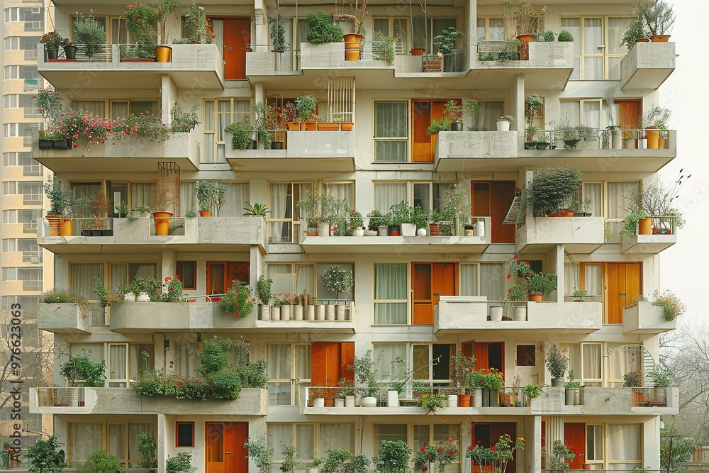 A tall building with balconies and plants on the roof A tall building with balconies and plants on the roof