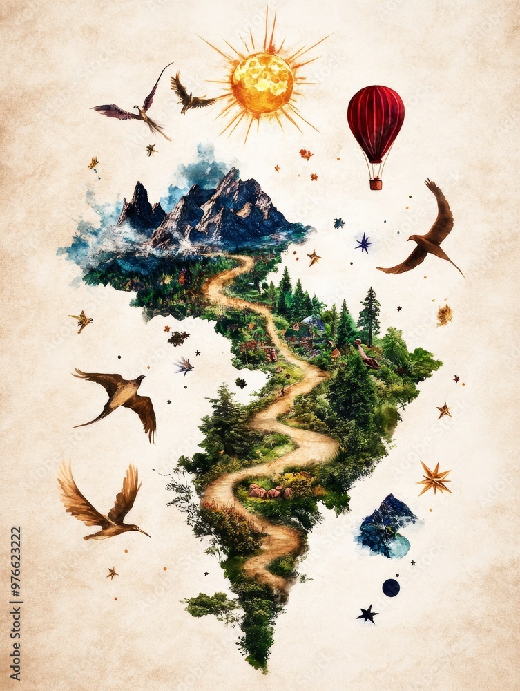 A magical journey through a whimsical landscape with a winding path, soaring birds, a hot air balloon, a radiant sun and twinkling stars. A magical journey through a whimsical landscape with a winding path, soaring birds, a hot air balloon, a radiant sun and twinkling stars.