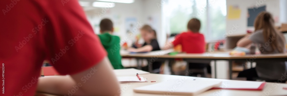 Young students are seen studying attentively in a classroom setting, representing education, learning environments, and the development of the future generation.