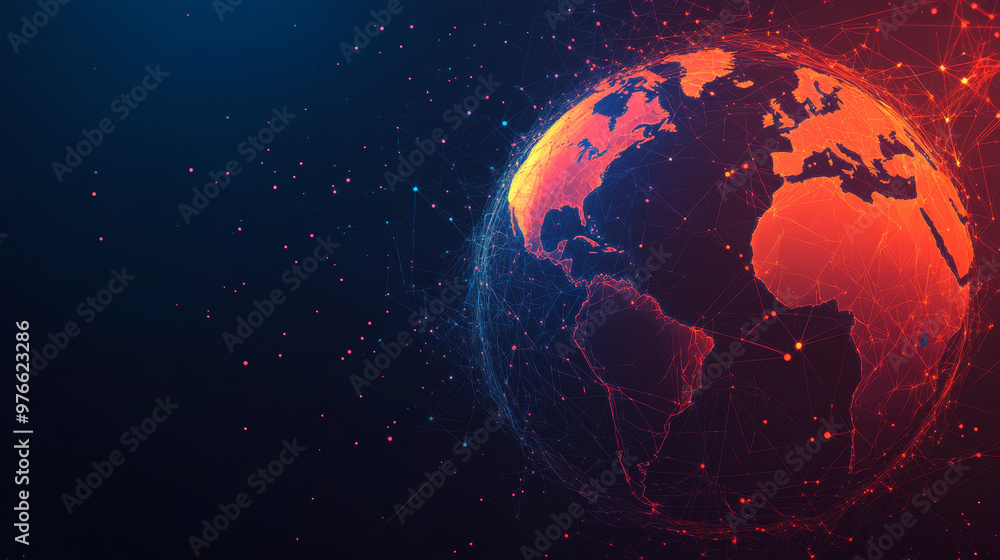 A low poly wireframe banner template depicting a 3D polygonal Earth planet in the process of melting. This ecological problem concept uses connected dots and lines to illustrate the impact of global A low poly wireframe banner template depicting a 3D polygonal Earth planet in the process of melting. This ecological problem concept uses connected dots and lines to illustrate the impact of global