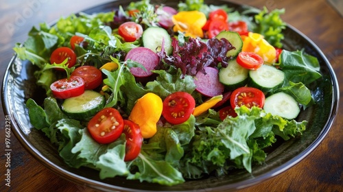 Salad with mixed greens, colorful vegetables, and a vinaigrette