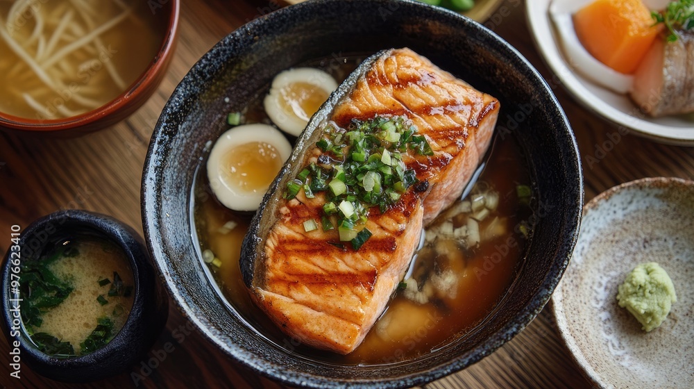 Salmon steak with garlic and herb butter and miso soup. Salmon steak with garlic and herb butter and miso soup.