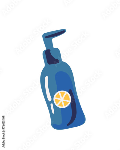 Blue bottle with dispenser with citrus extract, shampoo, soap or care cosmetics