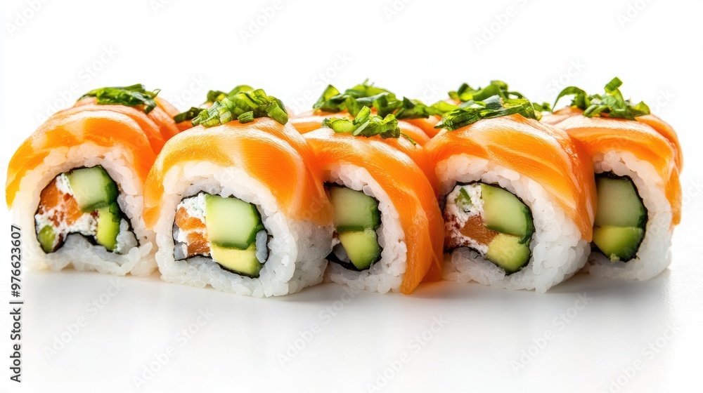 Salmon sushi roll with avocado and cucumber inside. Salmon sushi roll with avocado and cucumber inside.