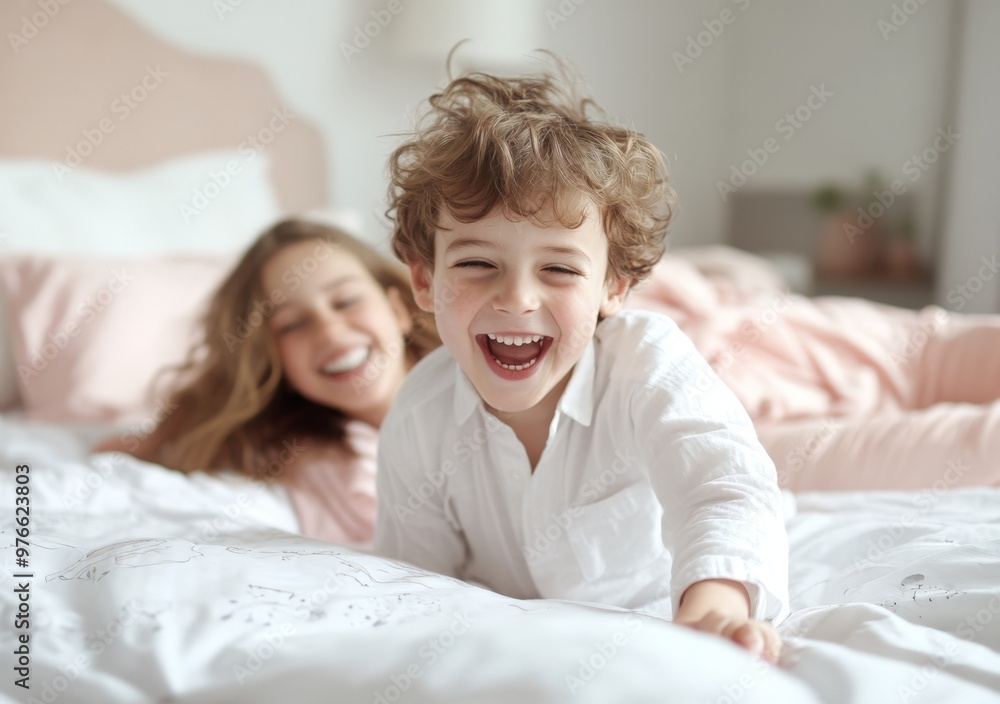 mother lying on the bed, laughing as her son plays with his sister in their bedroom during morning time together mother lying on the bed, laughing as her son plays with his sister in their bedroom during morning time together