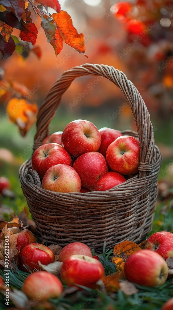 Wicker basket overflowing with apples in orchard setting Wicker basket overflowing with apples in orchard setting