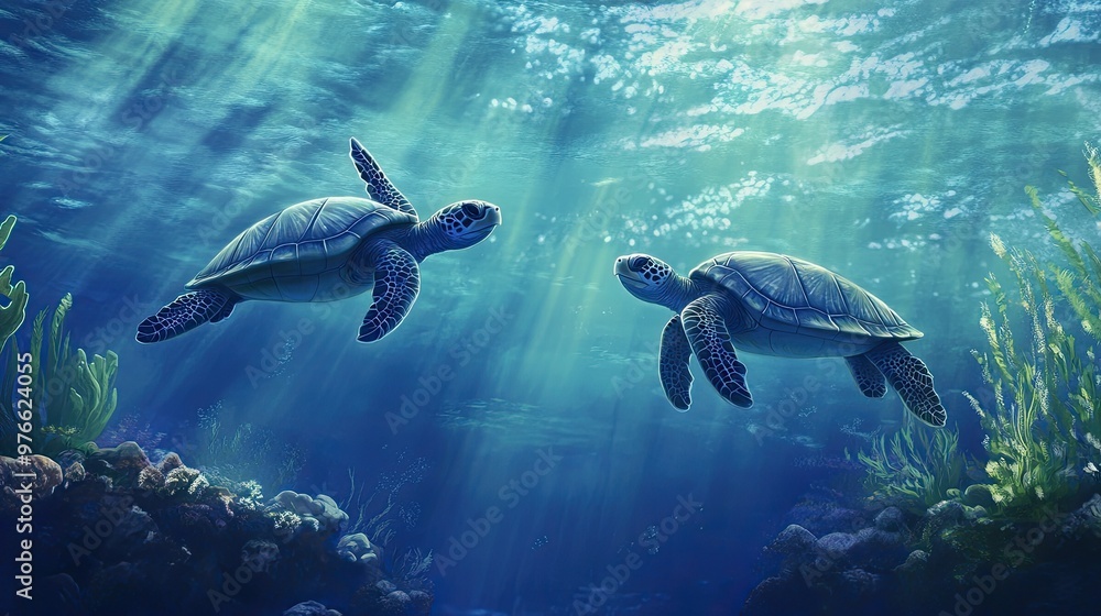 Fototapeta premium Underwater scene with sea turtles swimming gracefully