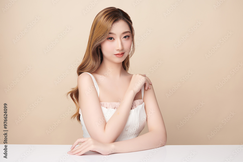 Beautiful young asian woman with clean fresh skin on beige background, Face care, Facial treatment, Cosmetology, beauty and spa, Asian women portrait. Beautiful young asian woman with clean fresh skin on beige background, Face care, Facial treatment, Cosmetology, beauty and spa, Asian women portrait.