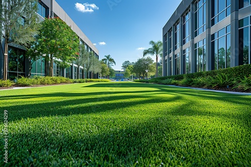 Fototapeta Naklejka Na Ścianę i Meble -  A large grassy area in front of a building with a palm tree in the background