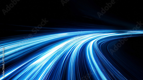 Blue light streaks racing across a black backdrop, creating a sense of speed and motion." It almost brings to mind a scene from Tron, where neon lines light up the digital landscape, highlighting.