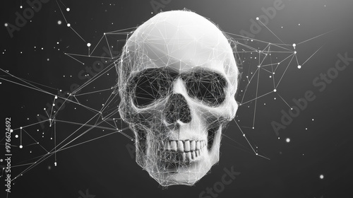 A grey skull is depicted with polygonal lines on an abstract background. The skull is designed in a low poly style, with connecting dots and lines forming a geometric, space-like structure.