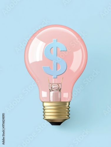 A pink lightbulb with a blue dollar sign inside, representing a new money-making idea or a creative solution for financial success.