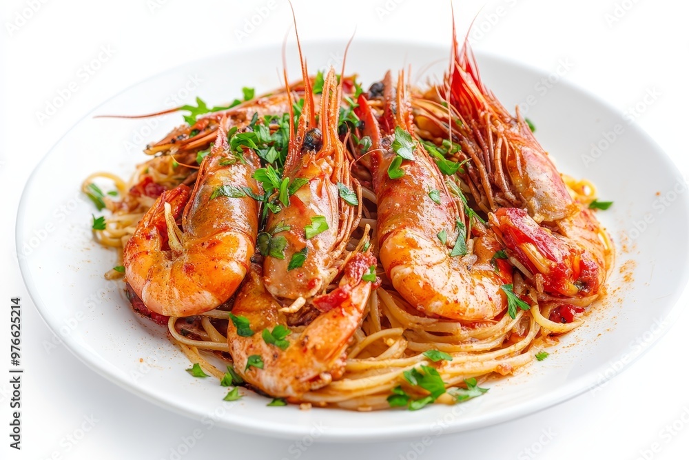 A plate of freshly cooked prawn linguine with fresh herbs, a delicious and satisfying seafood dish. A plate of freshly cooked prawn linguine with fresh herbs, a delicious and satisfying seafood dish.