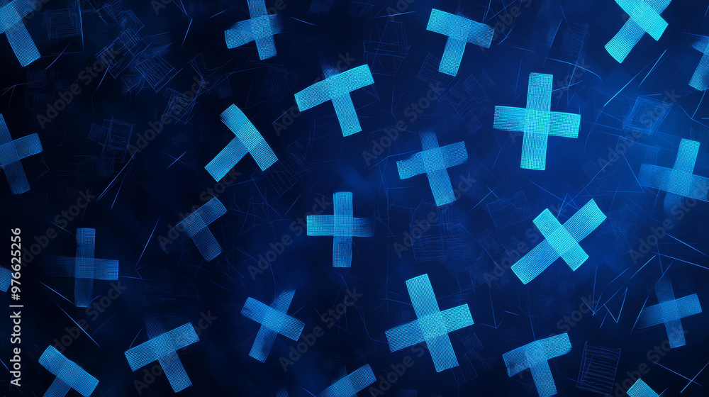 Pattern of blue mathematical plus symbols. Suitable for backgrounds related to math design elements or medical technology. Vector illustration. Pattern of blue mathematical plus symbols. Suitable for backgrounds related to math design elements or medical technology. Vector illustration.