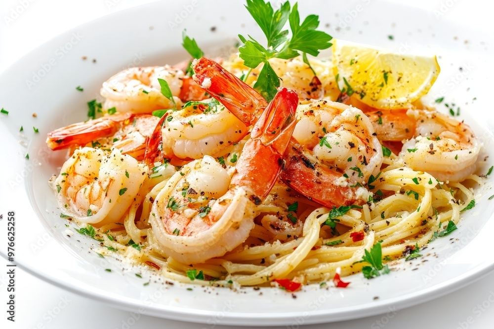 A plate of perfectly cooked shrimp scampi served over spaghetti with a squeeze of lemon. The shrimp are plump and juicy, the pasta is al dente, and the sauce is rich and flavorful. A plate of perfectly cooked shrimp scampi served over spaghetti with a squeeze of lemon. The shrimp are plump and juicy, the pasta is al dente, and the sauce is rich and flavorful.