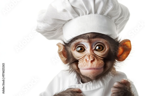 A playful monkey wearing a chef hat and a white uniform, ready to whip up something delicious. Adorable and funny, this image is perfect for food blogs, recipes, and any project that needs a touch of 