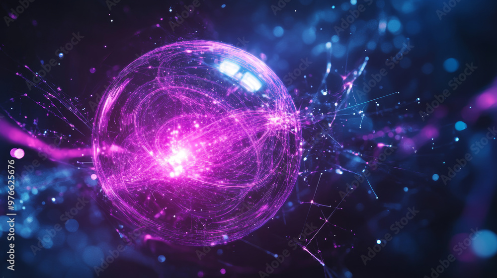 Blue-purple energy sphere with luminous particles, depicting an atom with orbiting electrons and an electric field. Represents a scientific, futuristic, and high-tech abstract background. Blue-purple energy sphere with luminous particles, depicting an atom with orbiting electrons and an electric field. Represents a scientific, futuristic, and high-tech abstract background.