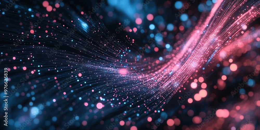 A close up of an optical fiber, glowing with light in the dark, forming lines that connect to various A close up of an optical fiber, glowing with light in the dark, forming lines that connect to various
