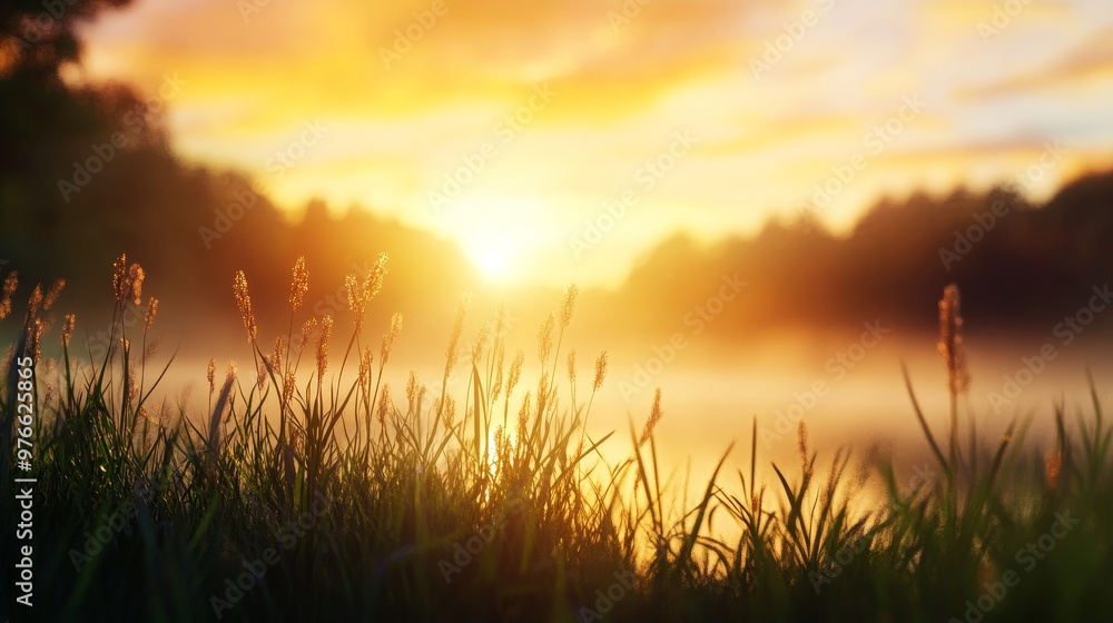 A serene landscape scene with soft focus, capturing the tranquility of a sunrise over a foggy lake. The rising sun casts a warm glow on the grass and creates a dreamlike atmosphere. A serene landscape scene with soft focus, capturing the tranquility of a sunrise over a foggy lake. The rising sun casts a warm glow on the grass and creates a dreamlike atmosphere.