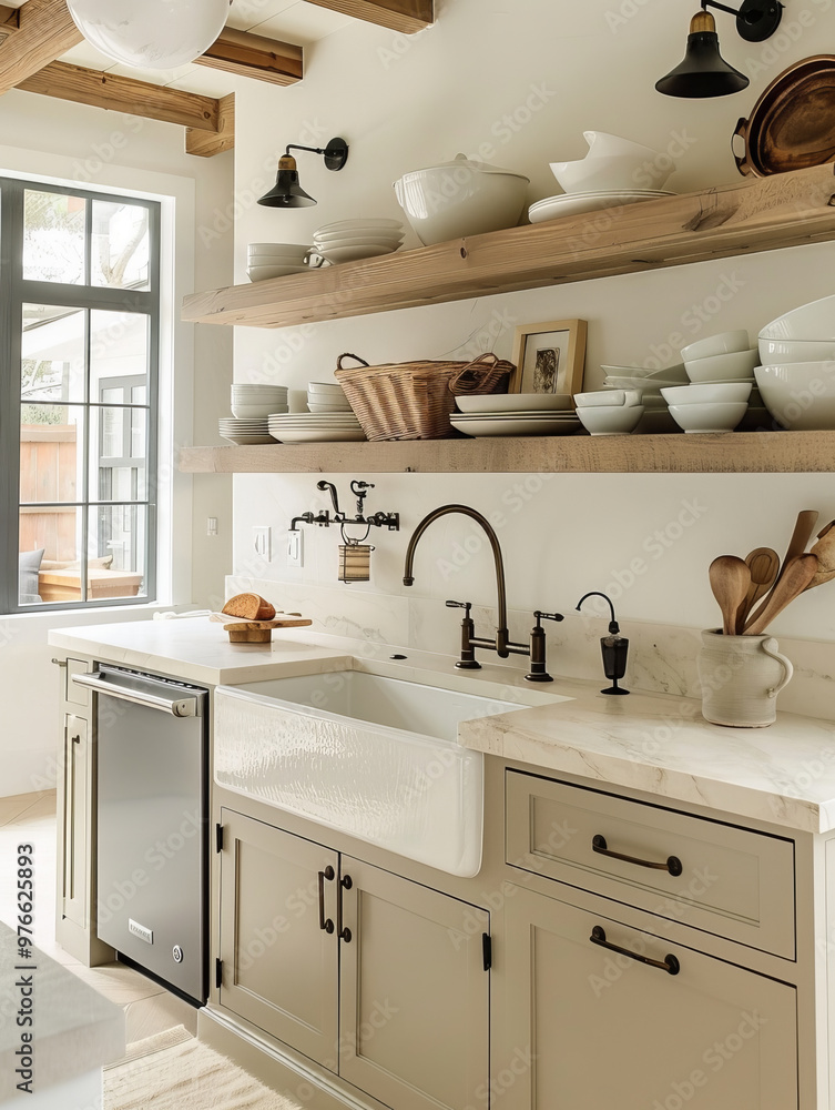 A modern farmhouse kitchen featuring shaker style cabinets, farmhouse sink, and open shelving. warm tones and natural materials create cozy and inviting atmosphere A modern farmhouse kitchen featuring shaker style cabinets, farmhouse sink, and open shelving. warm tones and natural materials create cozy and inviting atmosphere