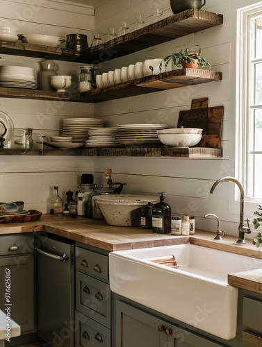 A modern farmhouse kitchen featuring shaker style cabinets, open shelving, and farmhouse sink. warm wood tones and organized dishware create cozy and inviting atmosphere