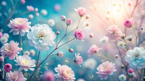 Delicate pink and white flowers bloom against a soft, pastel blue background, radiating a warm and intimate ambiance.