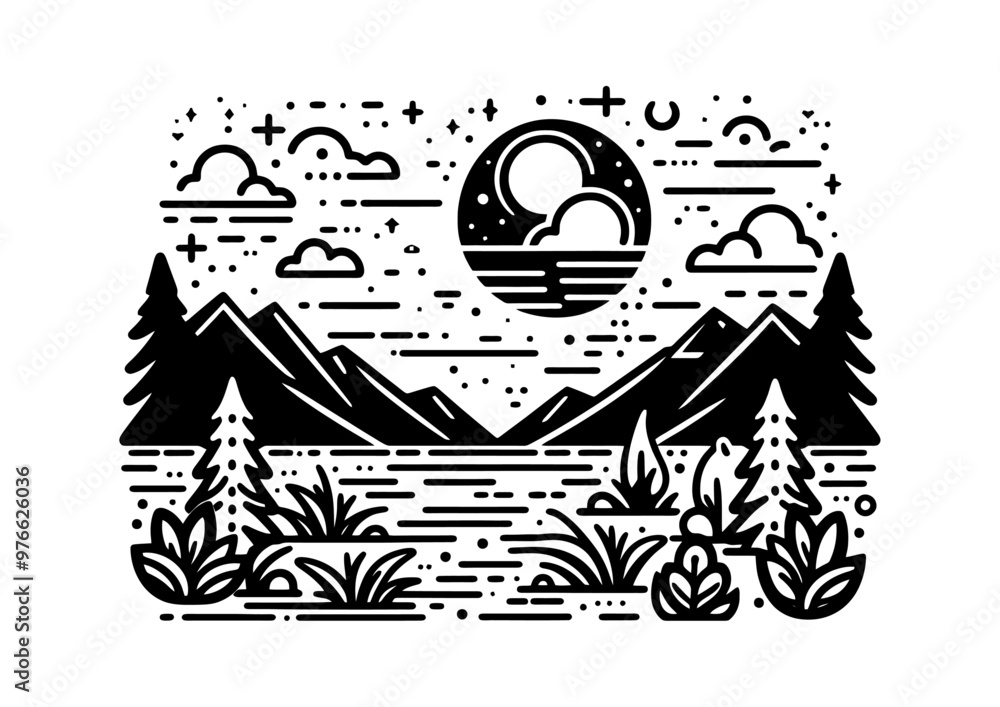 Hill with trees water and clouds, moon outline Hill with trees water and clouds, moon outline