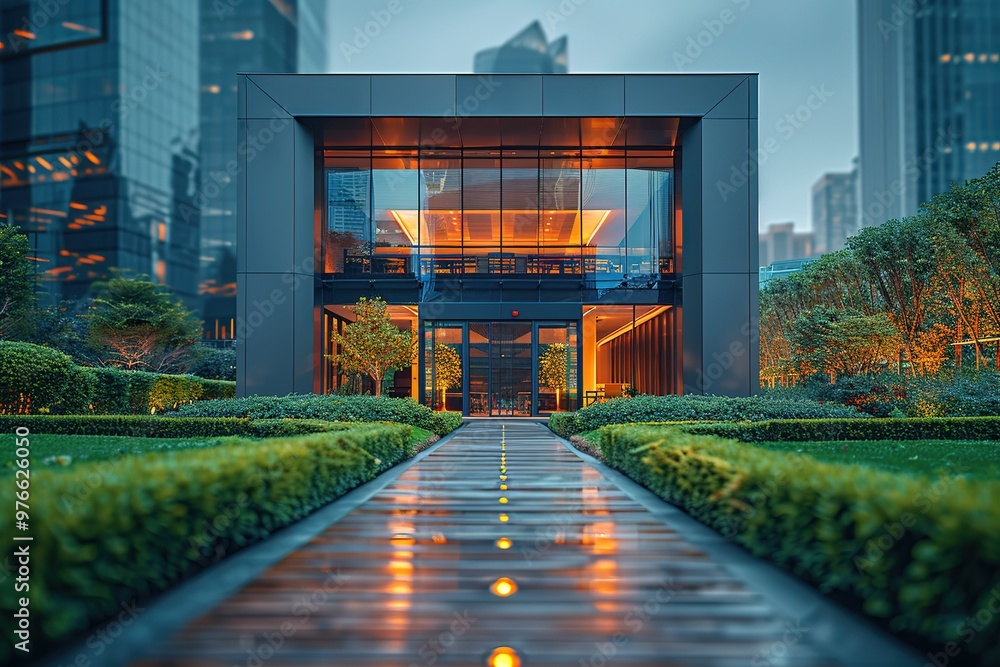 A large building with a glass facade and a walkway leading to it A large building with a glass facade and a walkway leading to it