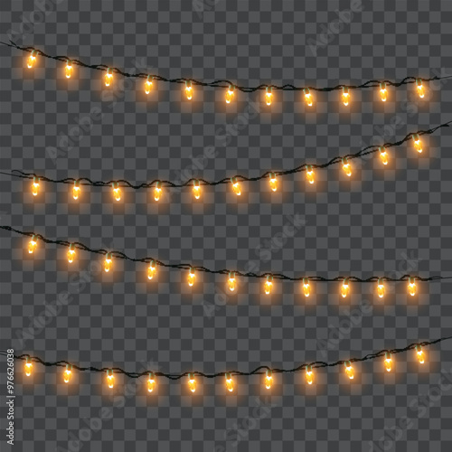 Hanging string lights with glowing bulbs on a transparent background. Vector