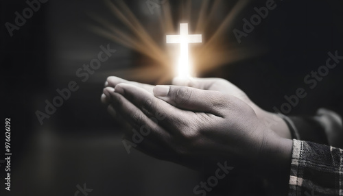Hand prayer god faith holy worship on hope religion believe, church pray Jesus christian on black white concept or love spiritual bible peace, blessed light.