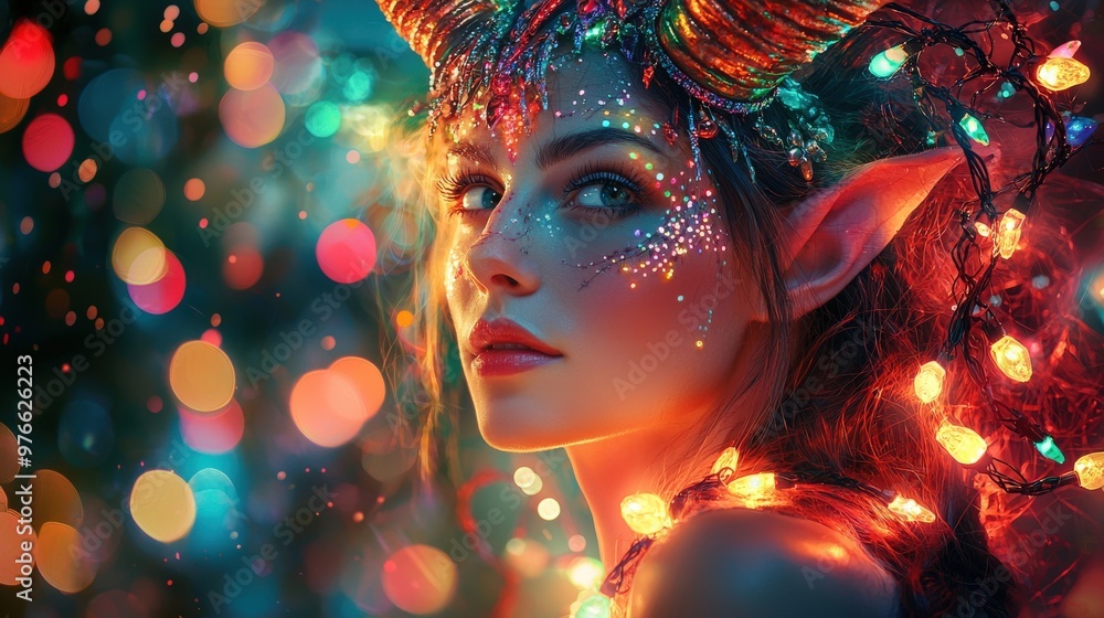 Fototapeta premium A radiant woman with ornate, glowing horns and a cascade of sparkling lights draped over her shoulders. The festive lights twinkle against her vibrant attire, adding a touch of enchantment to the
